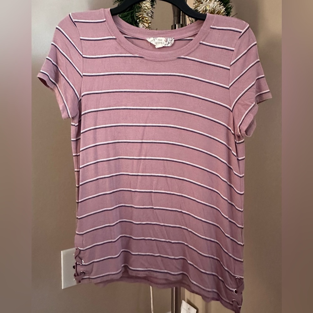 Pink Republic Juniors Crew Neck Striped Shirt Lace Up Sides Pullover Top Size S